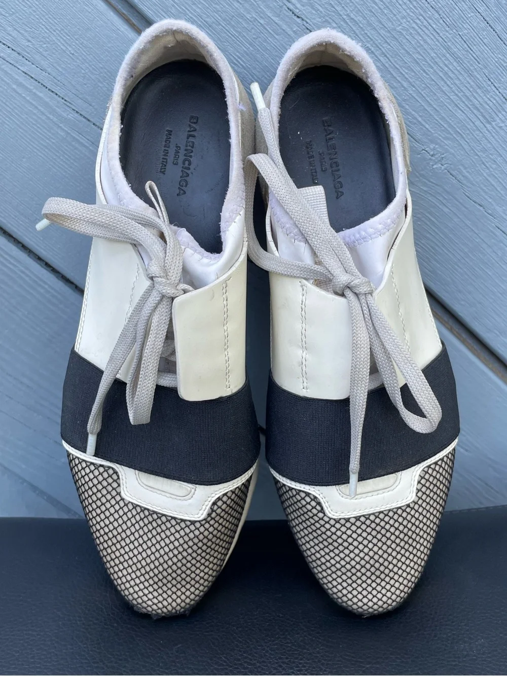 Balenciaga “Race Runner”Black and Cream Knit-Accent Lace-Up Sneakers size 37